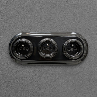 Triple black French porcelain socket, flush-mount, front