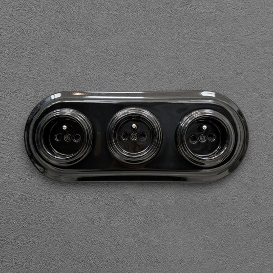 Triple Power Porcelain Socket – Retro Loft Style | Vintage Design, Flush-Mounted, French Socket in Black Ceramic