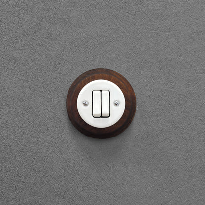 Wooden Frame Porcelain Light Switch Loft Retro 2-gang Two-way Flush-Mounting Vintage Cottage Ceramic Dark Brown With White
