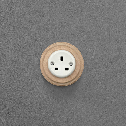 Retro Style White Ceramic Single UK Type Socket Natural Wood Frame Flushed-Mounted
