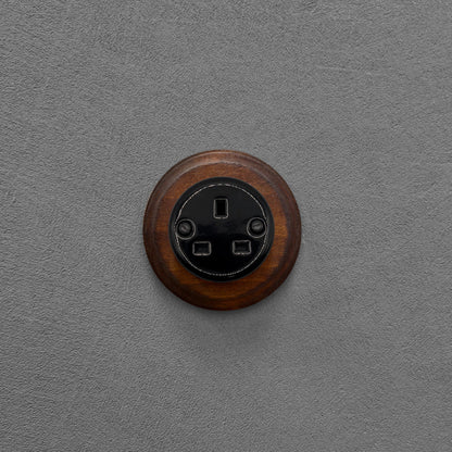 Retro Style Black Ceramic Single UK Type Socket Dark Wood Frame Flushed-Mounted