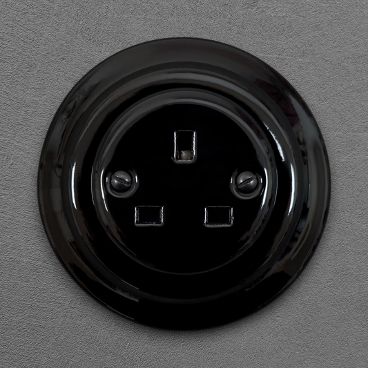 Power Socket Plug Porcelain UK 3 Prong Loft Retro Electrical Flush Mounted Vintage Cottage Black Ceramic