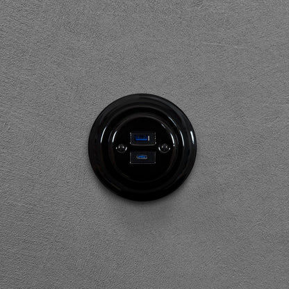 Black porcelain USB A+C charging socket, flush-mounted