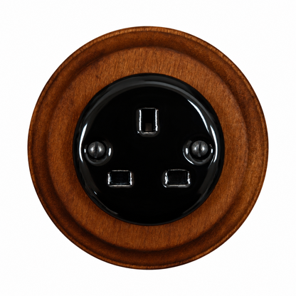 Flush Mount UK Plug Socket (Type G) – Single 3-Pin Grounded Outlet in Black Porcelain & Dark Wood