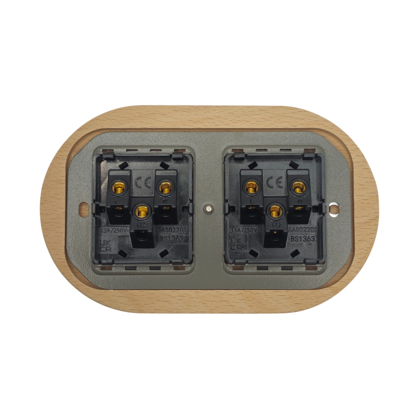 Retro Style White Ceramic Double UK Type Socket Natural Wood Frame Flushed-Mounted