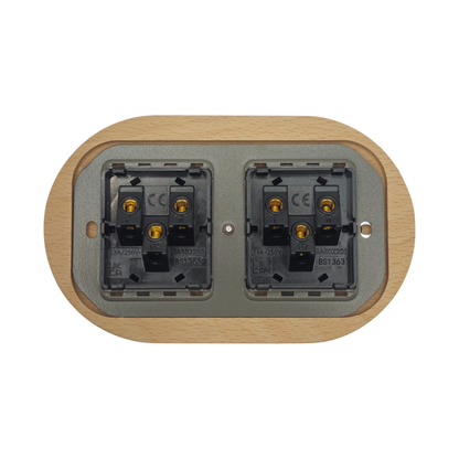 Retro Style White Ceramic Double UK Type Socket Natural Wood Frame Flushed-Mounted
