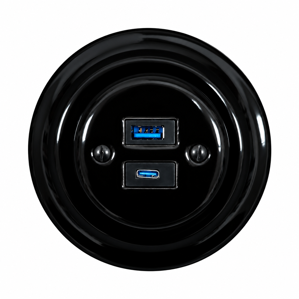 Flush Mount USB A+C Charging Socket – Single in Black Porcelain