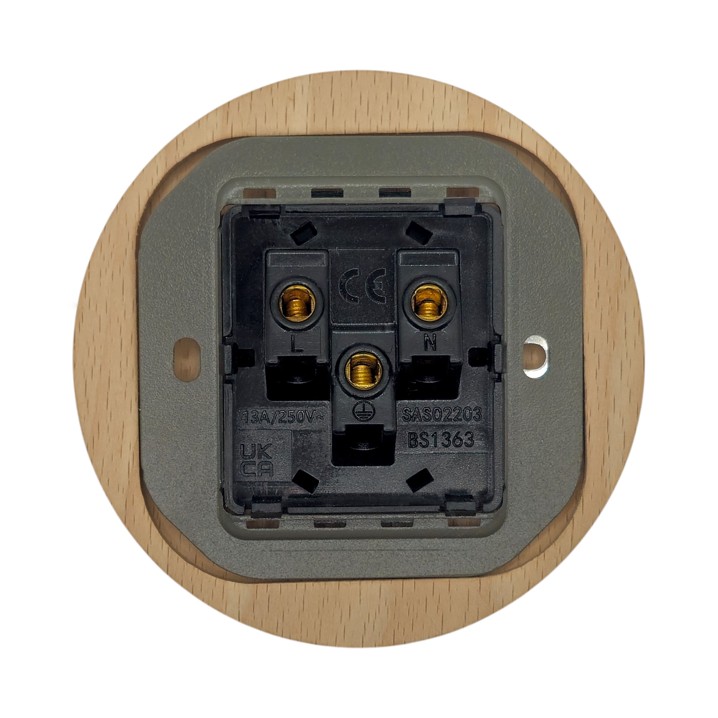 Retro Style White Ceramic Single UK Type Socket Natural Wood Frame Flushed-Mounted