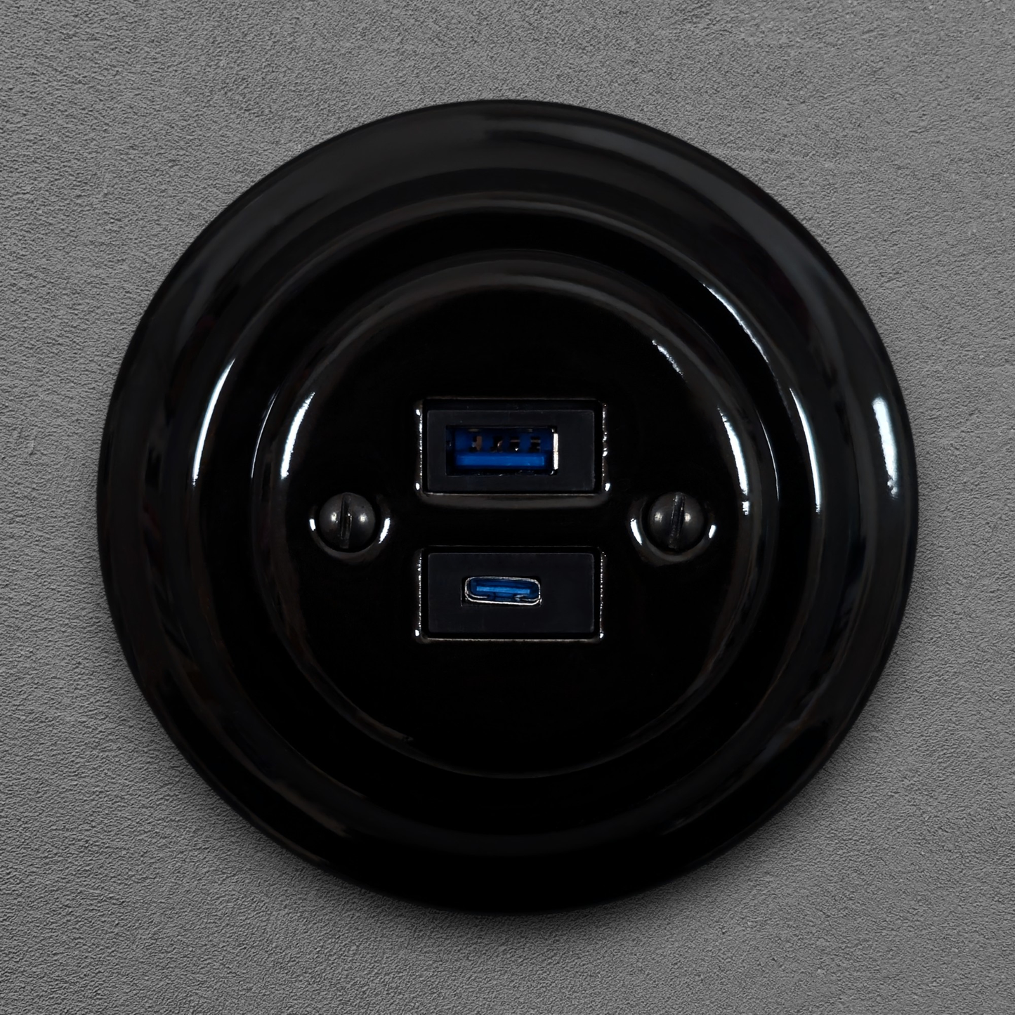 Black porcelain USB A+C charging socket, flush-mounted, front