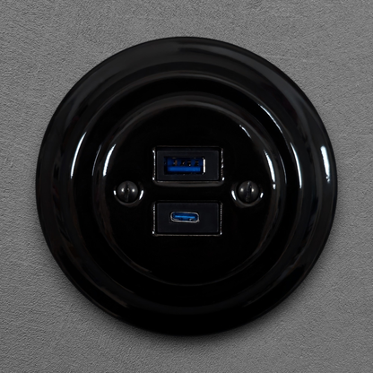 Black porcelain USB A+C charging socket, flush-mounted, front
