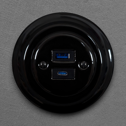 Porcelain USB Charging Socket – Retro Loft Style | Vintage Design, Flush-Mounted, USB A+C Socket in Black Ceramic