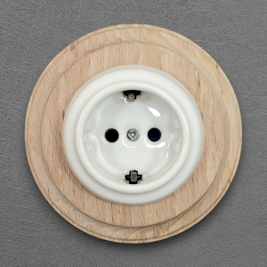 Wooden German Power Socket Porcelain Loft Retro Electrical Flush-Mounting Vintage Cottage Ceramic Natural Beige With White