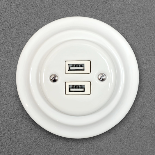 Porcelain Loft Retro Electrical USB Charging Socket Flush-Mounting Vintage Cottage Ceramic White