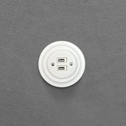 Porcelain Loft Retro Electrical USB Charging Socket Flush-Mounting Vintage Cottage Ceramic White
