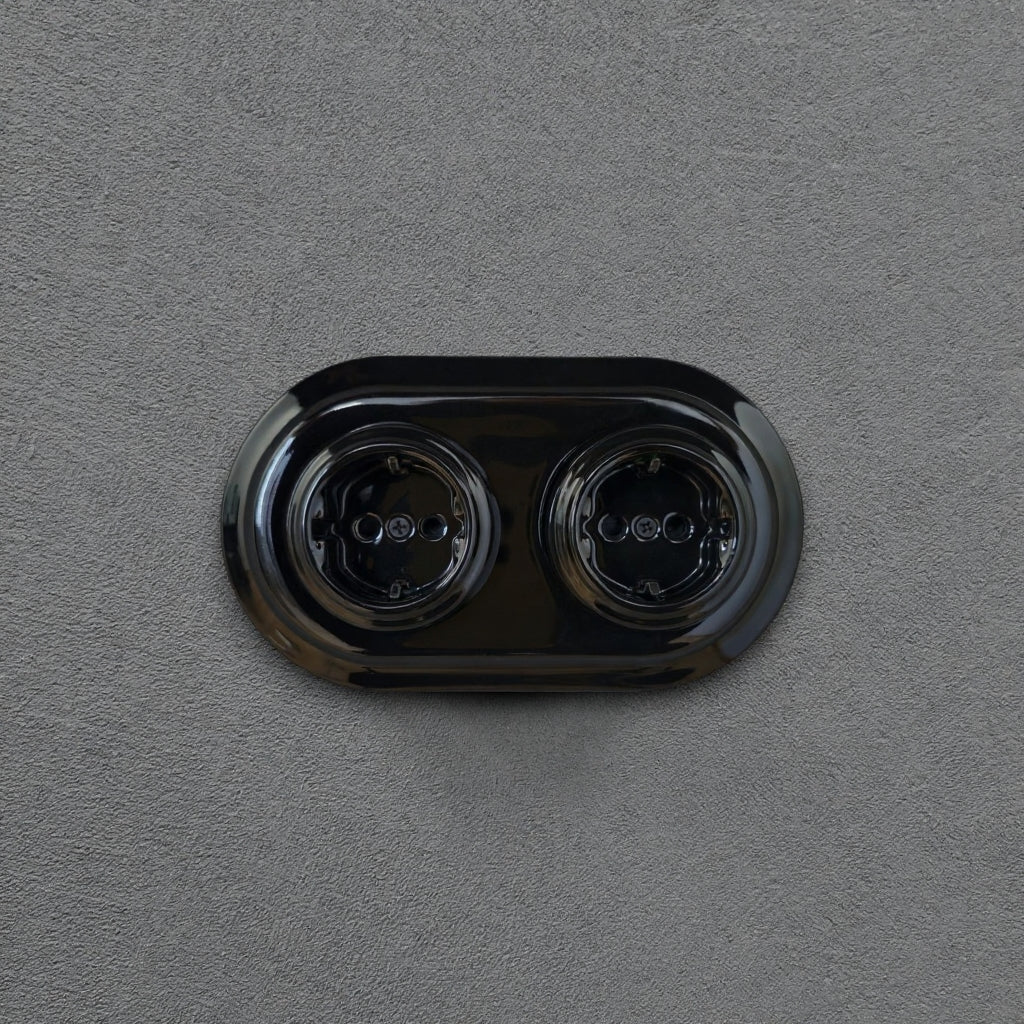 Double Power Socket Porcelain Loft Retro Electrical German Schuko Flush-Mounting Vintage Cottage Ceramic Black