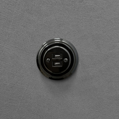 Porcelain Loft Retro Electrical USB Charging Socket Flush-Mounting Vintage Cottage Ceramic Black