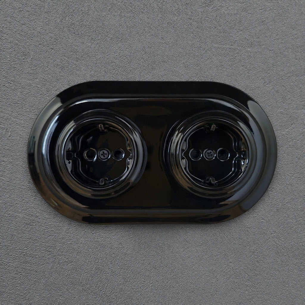 Double Power Socket Porcelain Loft Retro Electrical German Schuko Flush-Mounting Vintage Cottage Ceramic Black