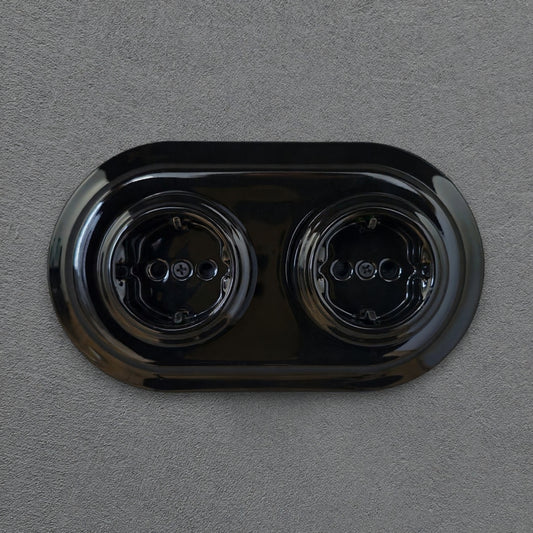 Double Power Socket Porcelain Loft Retro Electrical German Schuko Flush-Mounting Vintage Cottage Ceramic Black