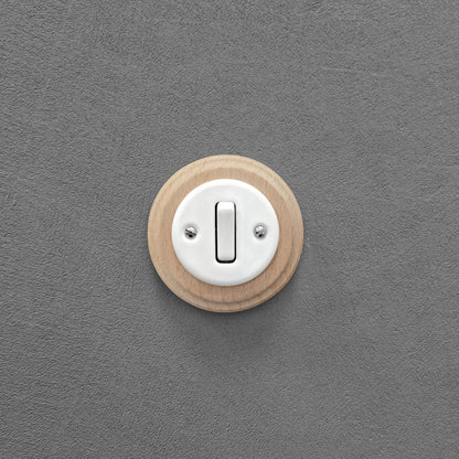 Wooden Frame Porcelain Light Switch Loft Retro 1-gang Two-way Flush-Mounting Vintage Cottage Ceramic Natural Beige With White