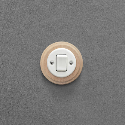 Retro Style White Ceramic Two-Pole Push Button Switch Flush-Mounted Natural Wood Frame, D100mm