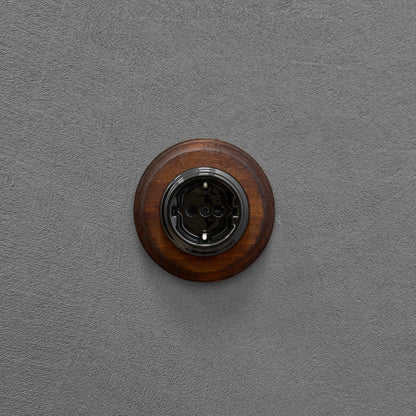 Wooden German Power Socket Porcelain Loft Retro Electrical Flush-Mounting Vintage Cottage Ceramic Brown With Black