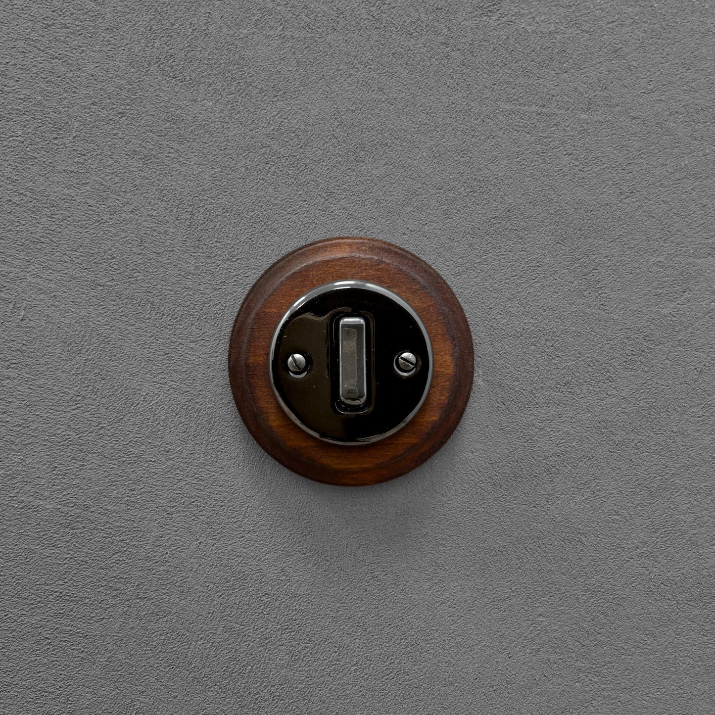 black porcelain 1gang2way light switch dark wood frame, flush-mount