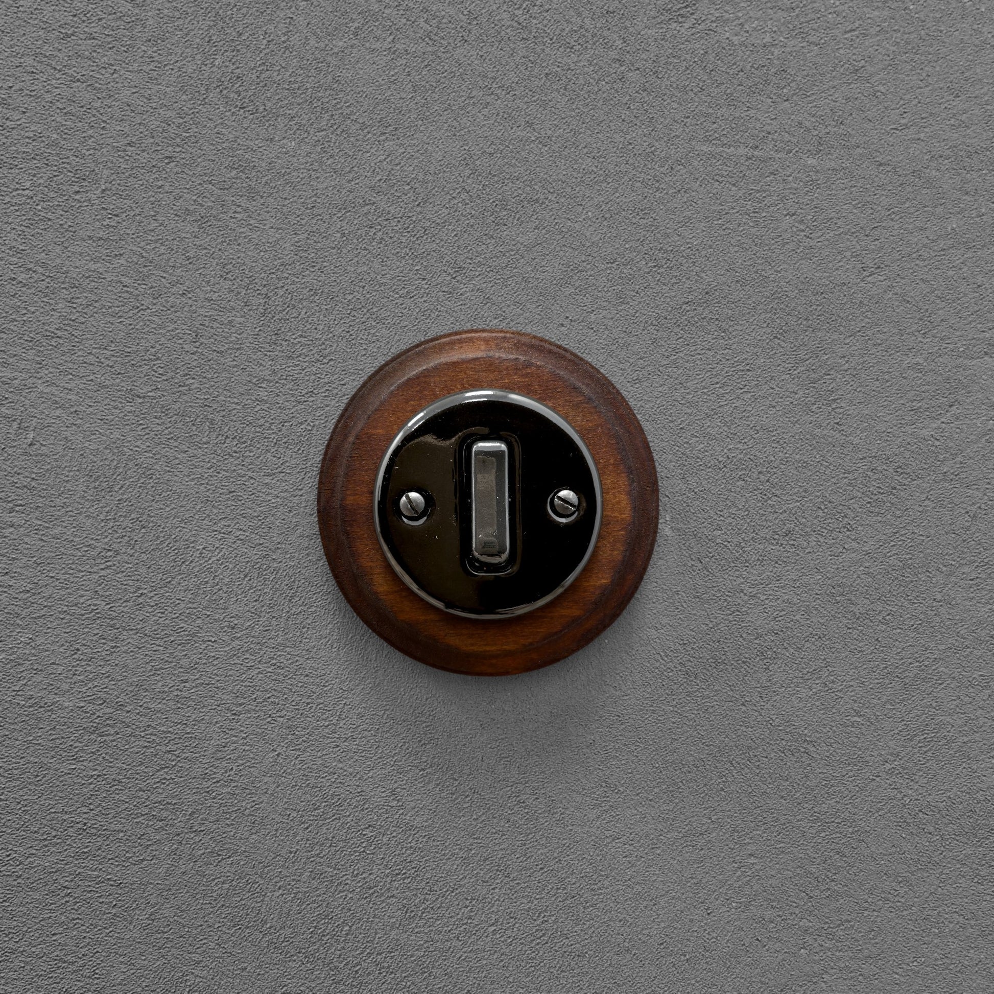 black porcelain 1gang2way light switch dark wood frame, flush-mount