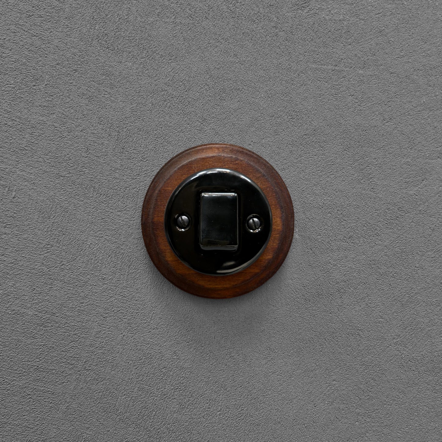 Retro Style Black Ceramic Two-Pole Push Button Switch Flush-Mounted Dark Wood Frame, D100mm