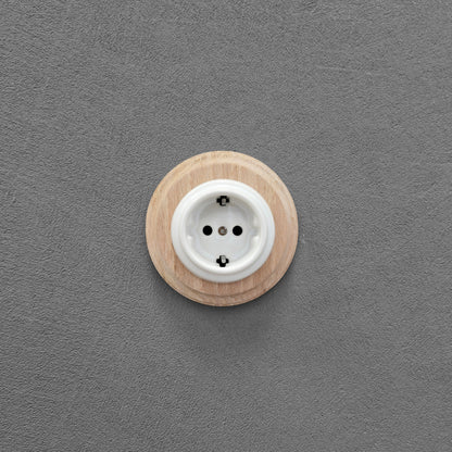 Wooden German Power Socket Porcelain Loft Retro Electrical Flush-Mounting Vintage Cottage Ceramic Natural Beige With White