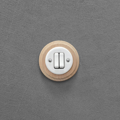 Wooden Frame Porcelain Light Switch Loft Retro 2-gang Two-way Flush-Mounting Vintage Cottage Ceramic Natural Beige With White