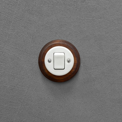 Retro Style White Ceramic Two-Pole Push Button Switch Flush-Mounted Dark Wood Frame, D100mm