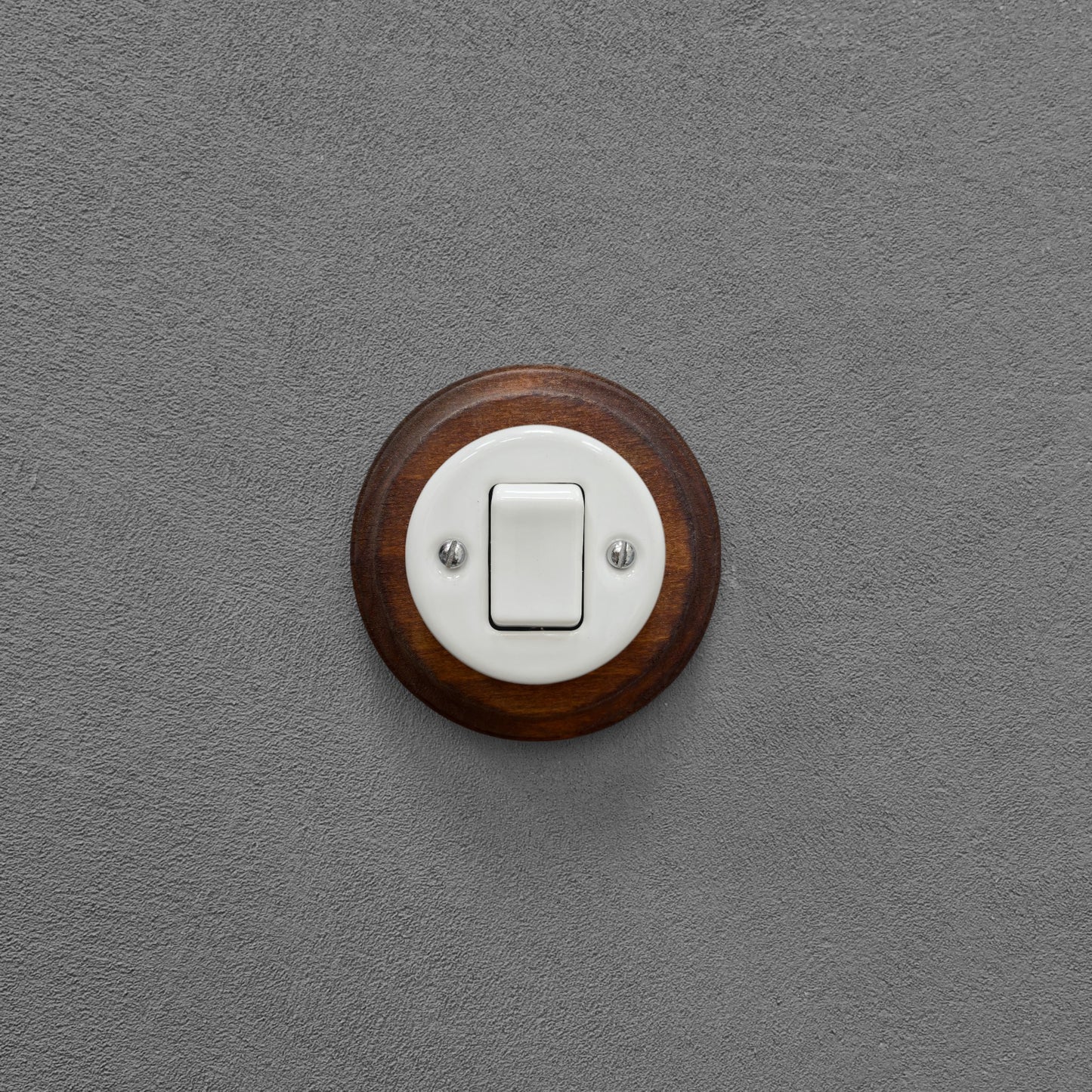 Retro Style White Ceramic Crossing Push Button Switch Flush-Mounted Dark Wood Frame, D100mm
