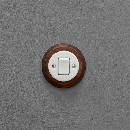 Retro Style White Ceramic Crossing Push Button Switch Flush-Mounted Dark Wood Frame, D100mm