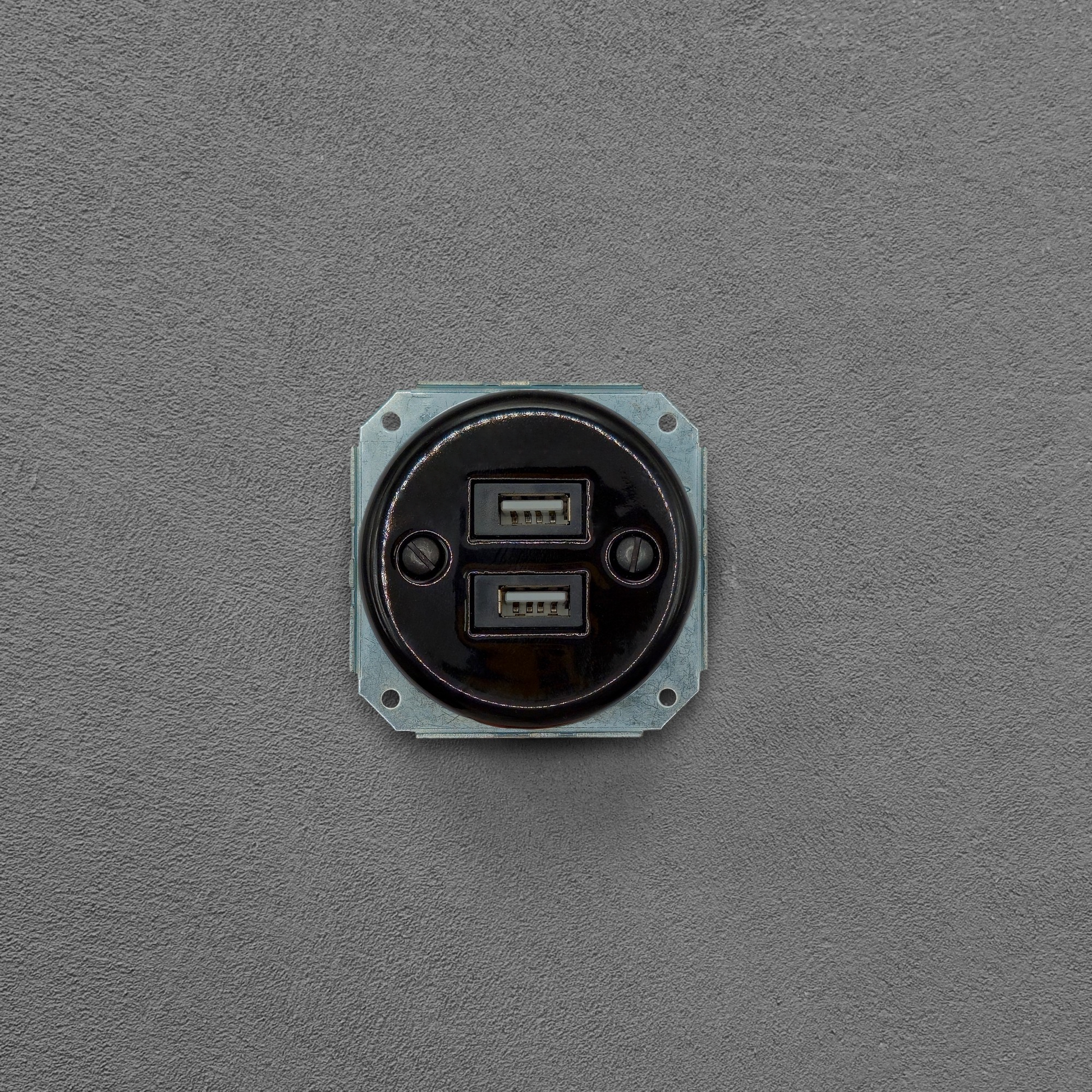 Black porcelain USB-A charging socket insert, flush-mounted