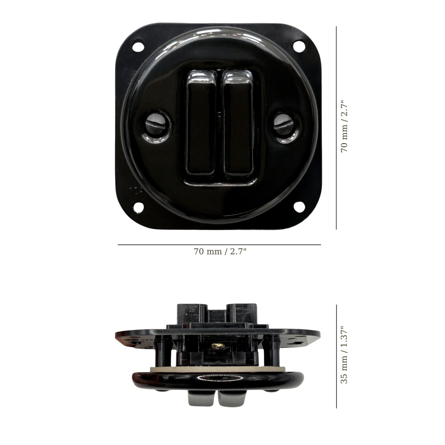 black porcelain 2gang2pole light switch insert, flush-mount, measurements