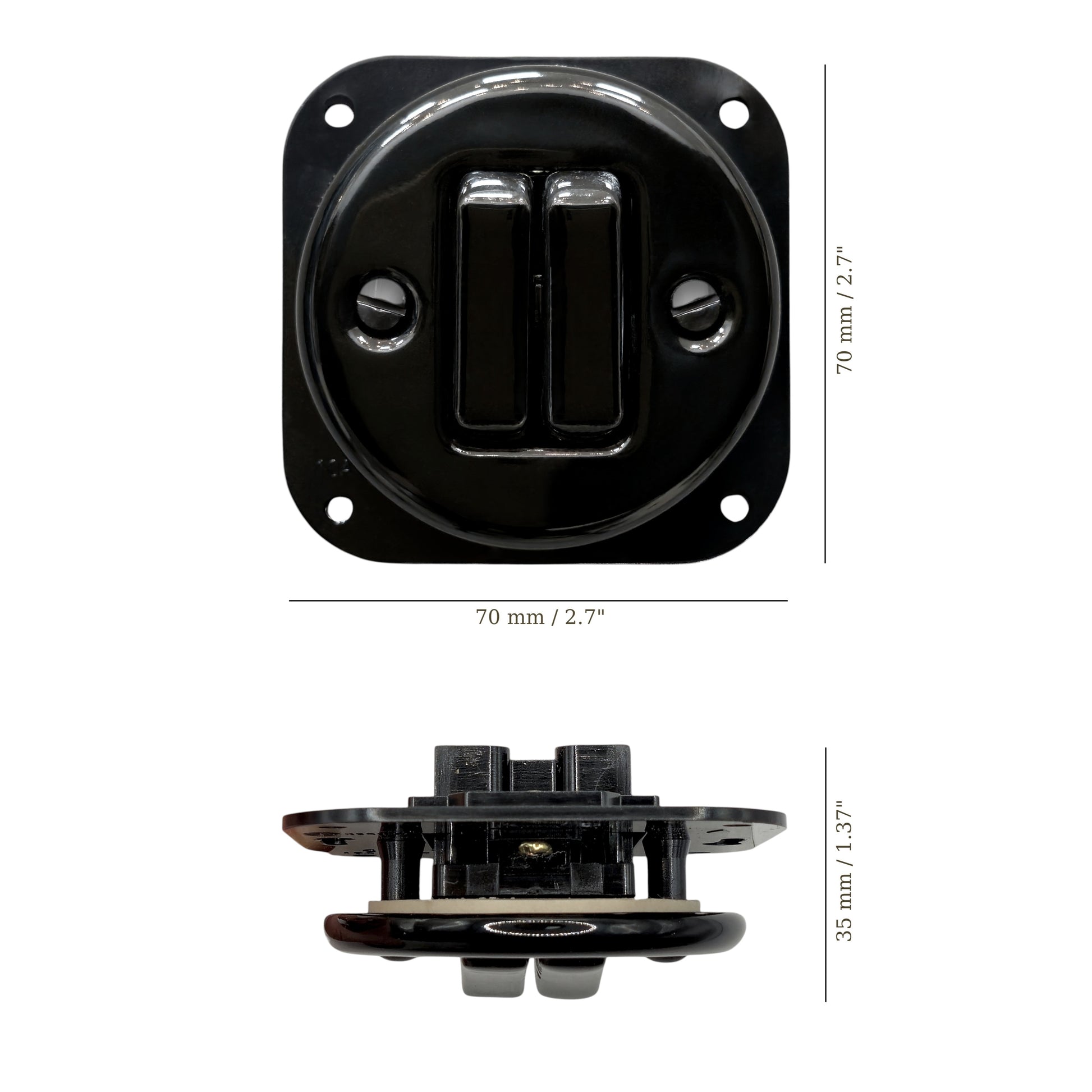 black porcelain 2gang2pole light switch insert, flush-mount, measurements