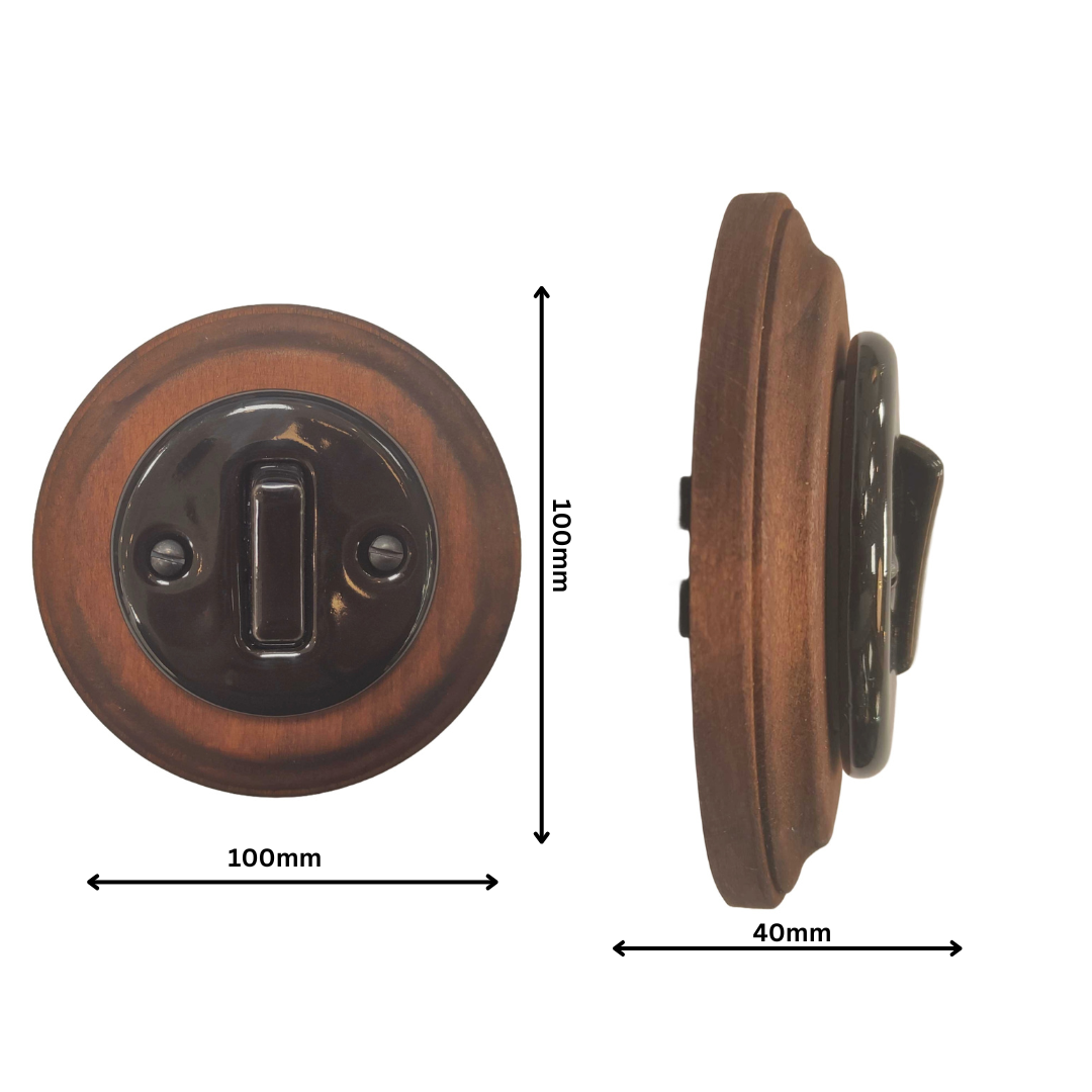 Wooden Frame Porcelain Light Switch Loft Retro 1-gang Two-way Flush-Mounting Vintage Cottage Ceramic Dark Brown With Black