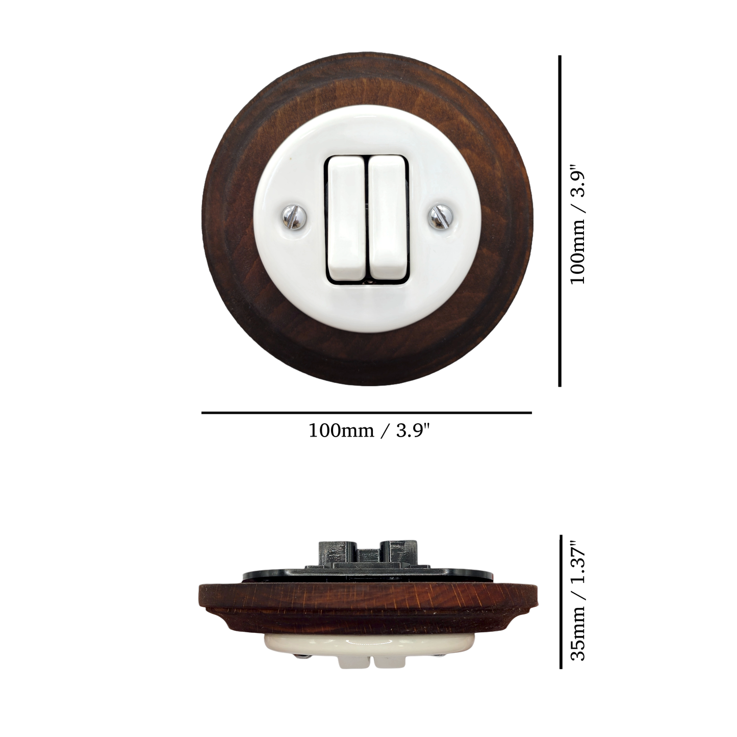 Wooden Frame Porcelain Light Switch Loft Retro 2-gang Two-way Flush-Mounting Vintage Cottage Ceramic Dark Brown With White
