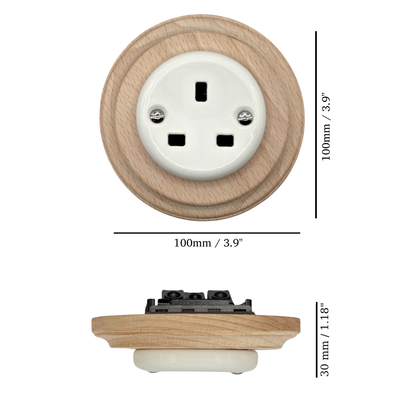Retro Style White Ceramic Single UK Type Socket Natural Wood Frame Flushed-Mounted