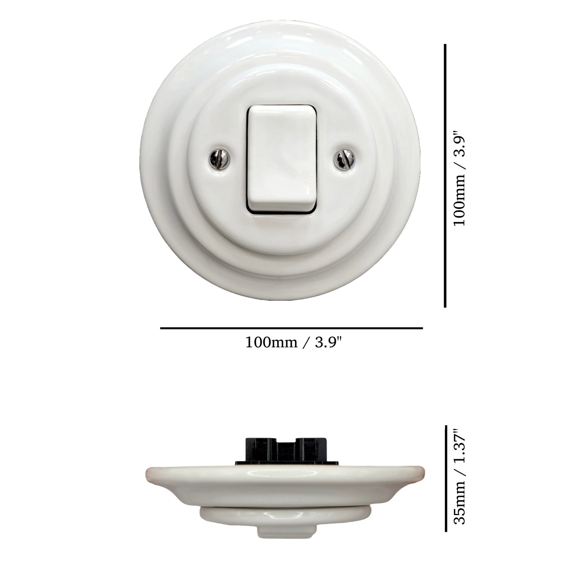 white porcelain intermediate big key light switch, flush-mount, measurements