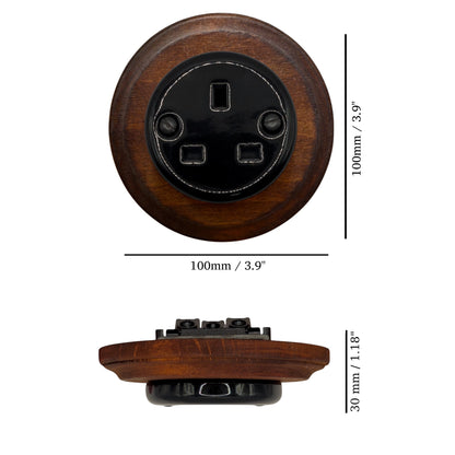Retro Style Black Ceramic Single UK Type Socket Dark Wood Frame Flushed-Mounted