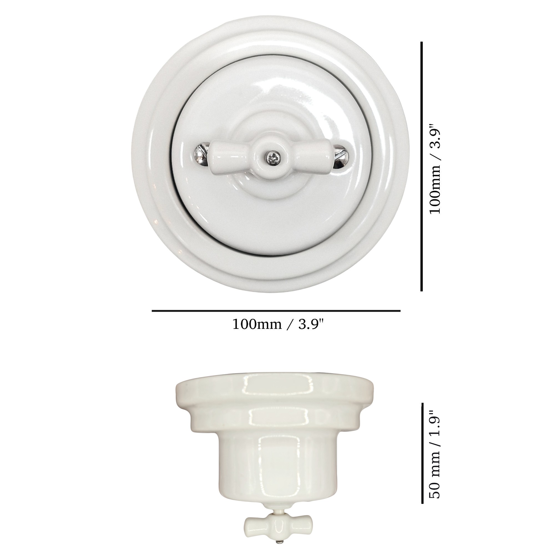 white porcelain intermediate rotary light switch, surface-mount, measurements