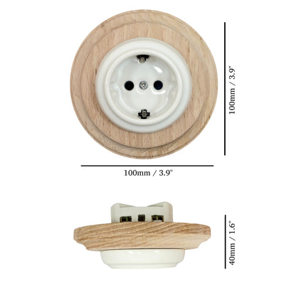 Single SCHUKO porcelain socket with wooden frame, white, flush-mounted, measurements