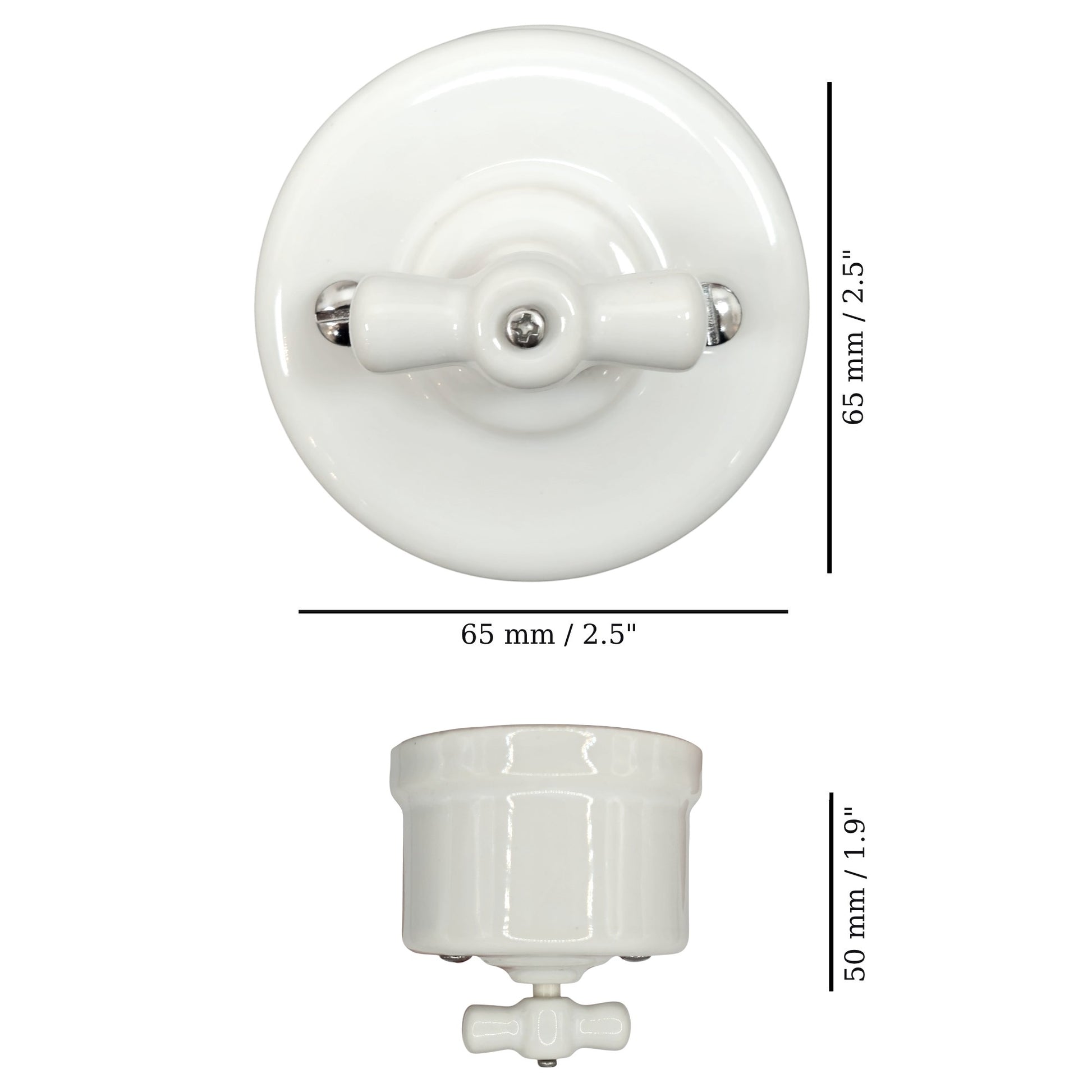 white porcelain 1gang2way rotary switch insert, surface-mount, measurements