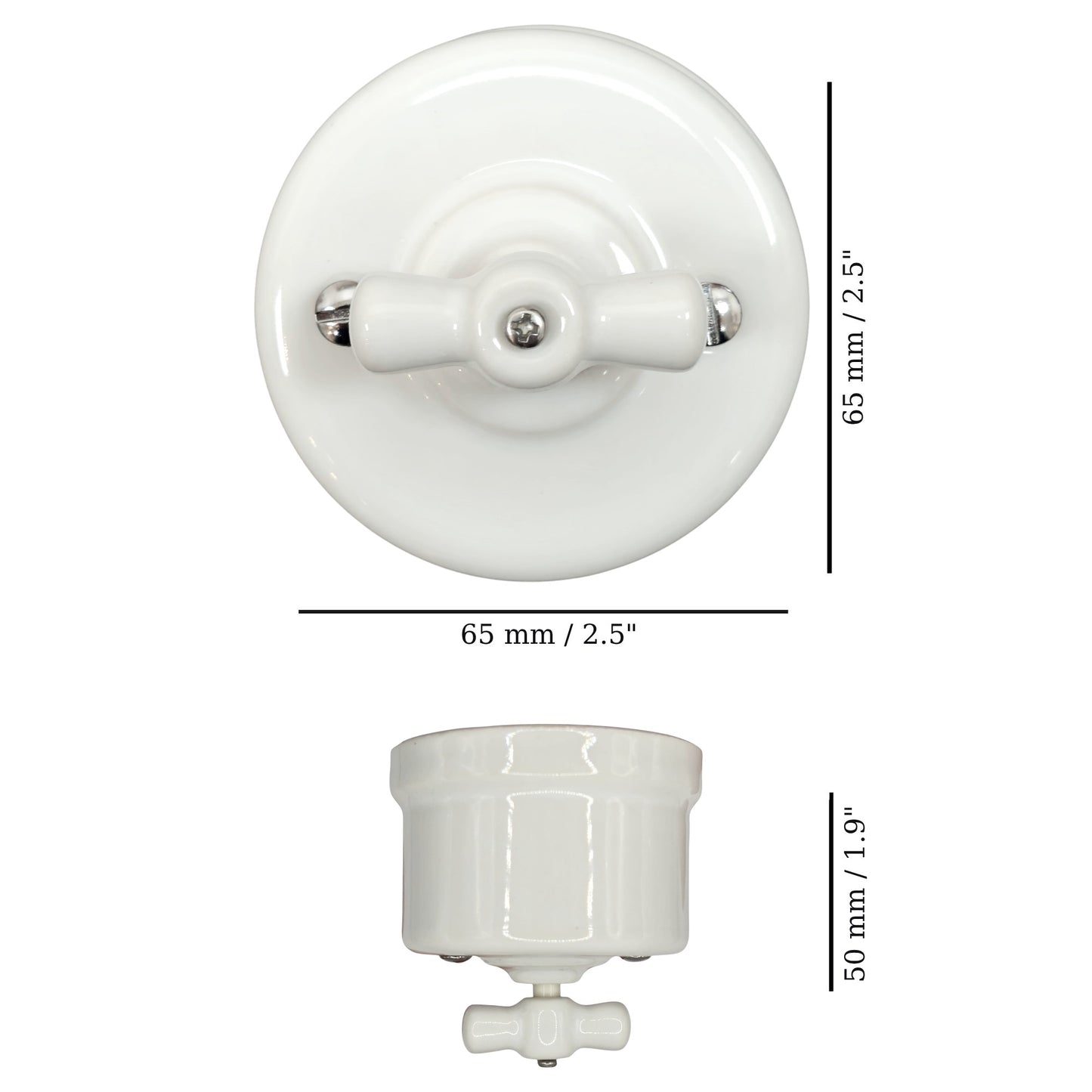 white porcelain double1way rotary switch insert, surface-mount, measurements