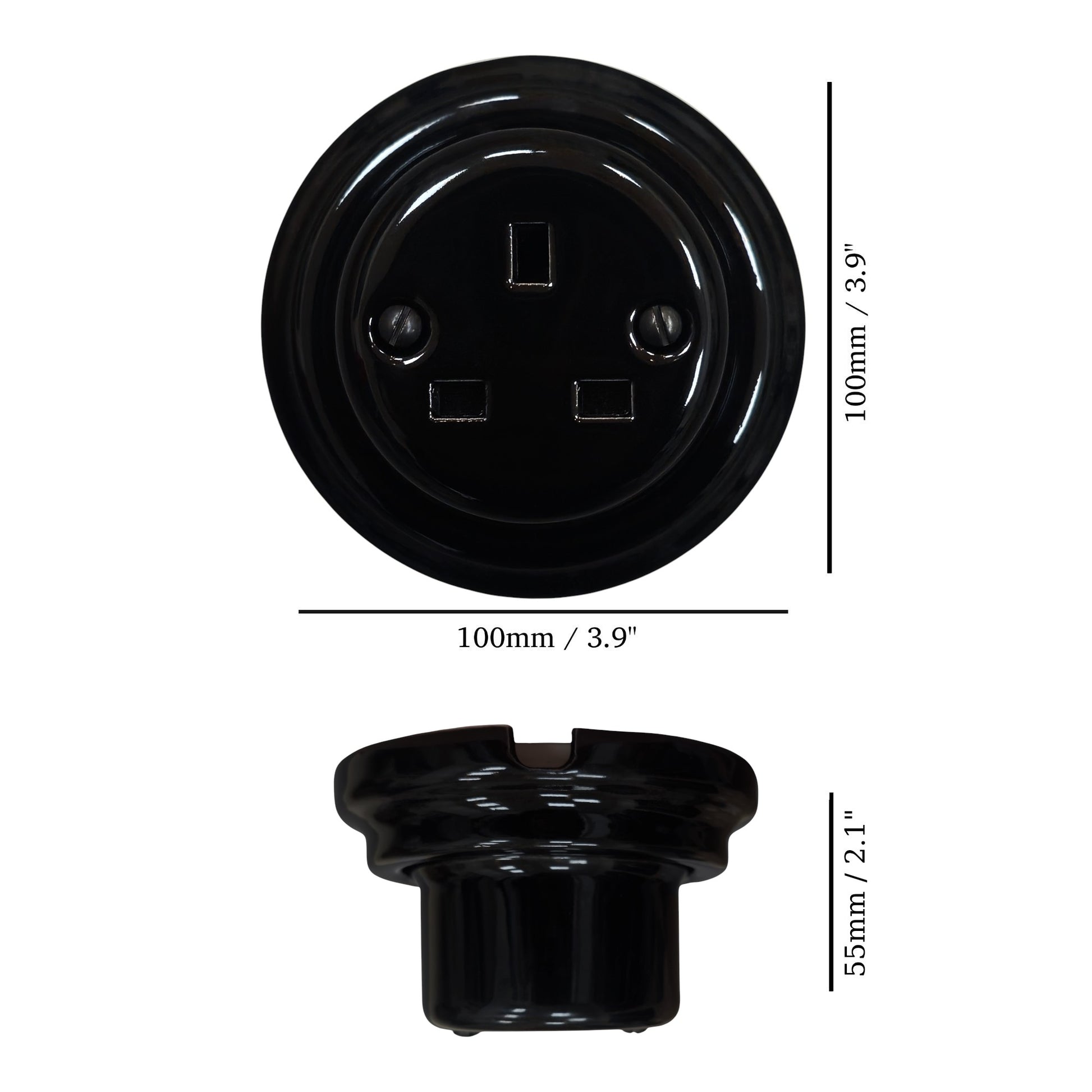 Black porcelain UK Plug Socket, surface-mounted, measurements
