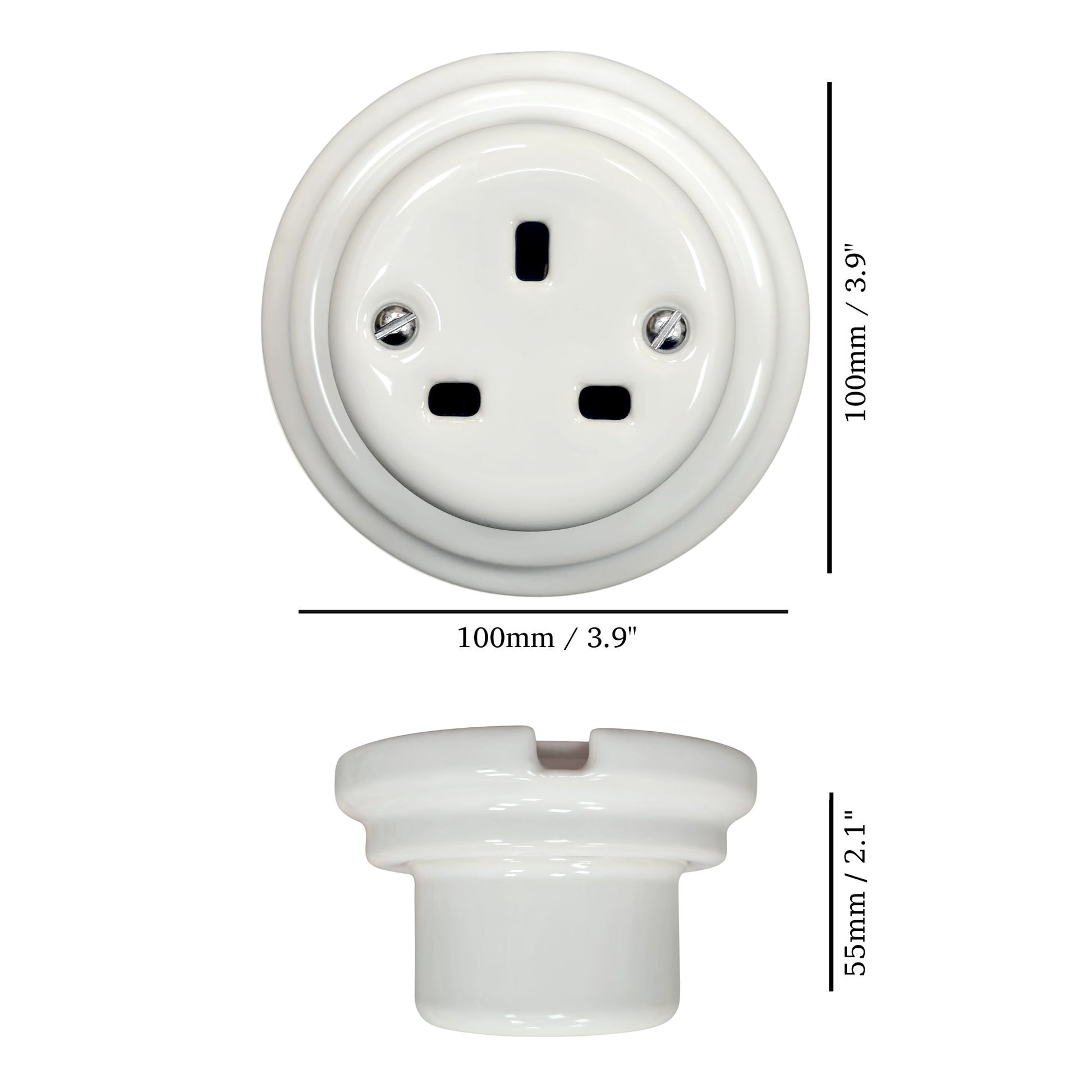 White porcelain UK Plug Socket, surface-mounted, measurements