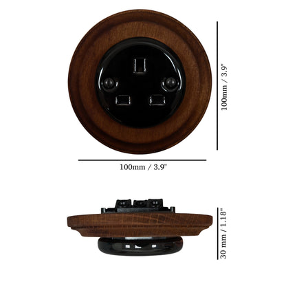 Black porcelain UK Plug Socket with dark wood frame, flush-mounted, measurements