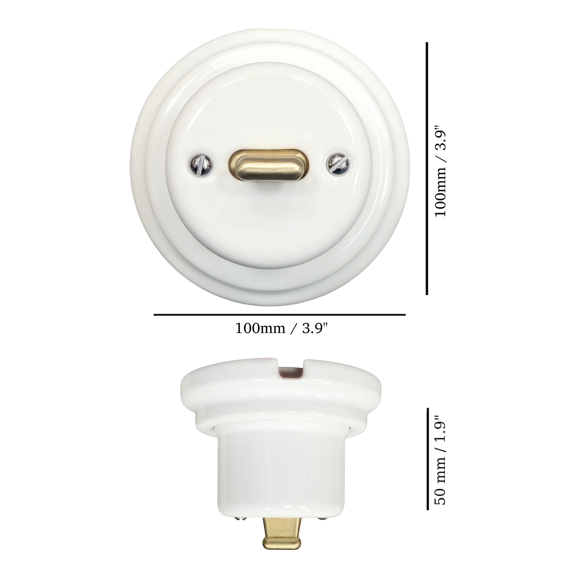 white porcelain intermediate toggle switch, surface-mount, measurements