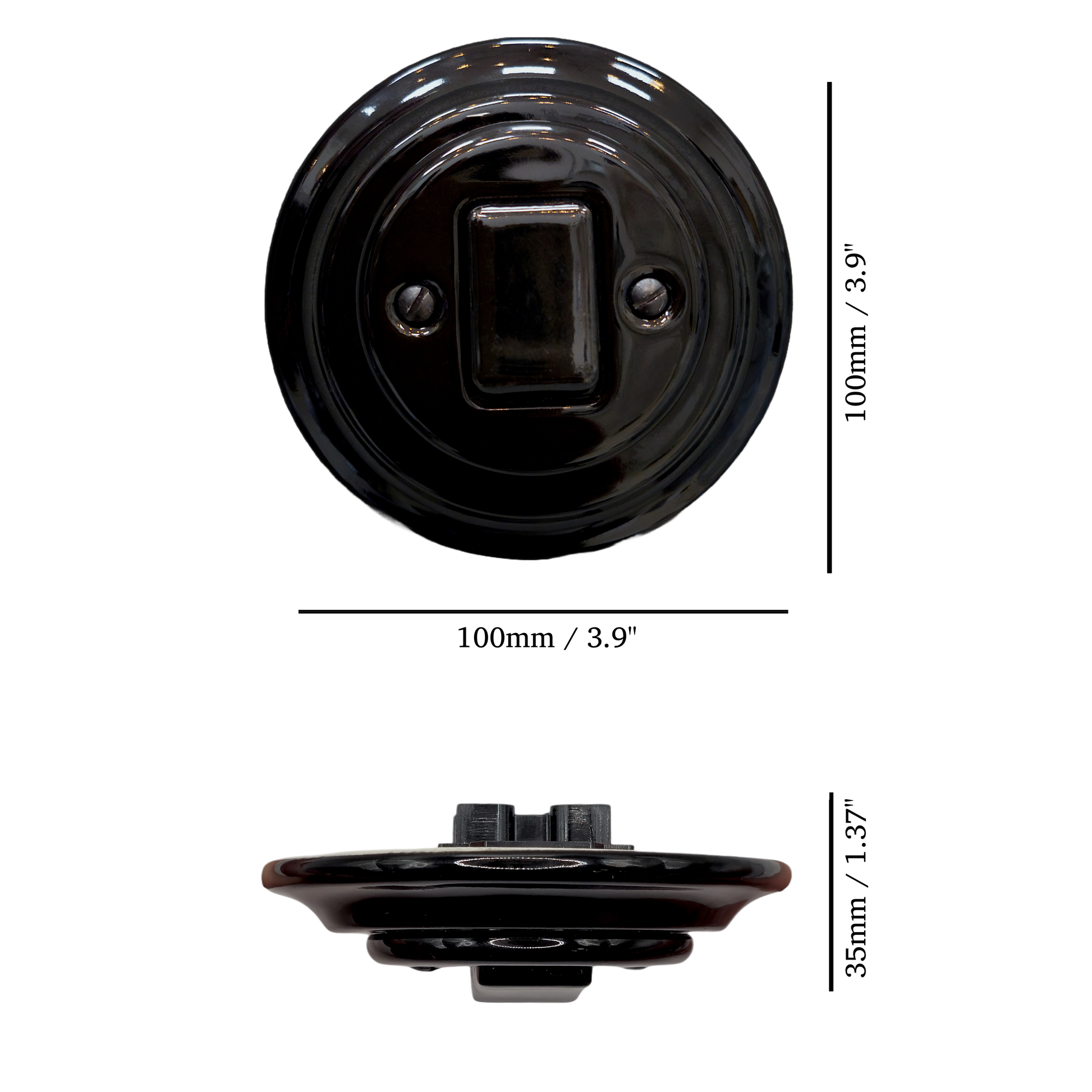 black porcelain intermediate big key light switch, flush-mount, measurements